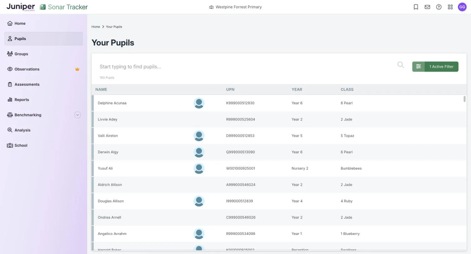 The Your Pupils list, with a search box, a 1 Active Filter button and the count 193 Pupils above it. Each row shows a pupil's name, UPN, year group and class.