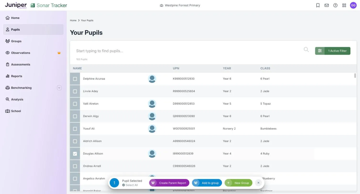 The Your Pupils list in selection mode, with a tick box on every row and Douglas Allison ticked. A bar at the bottom shows 1 Pupil Selected, Select All, Create Parent Report, Add to group, New Group and a cross.