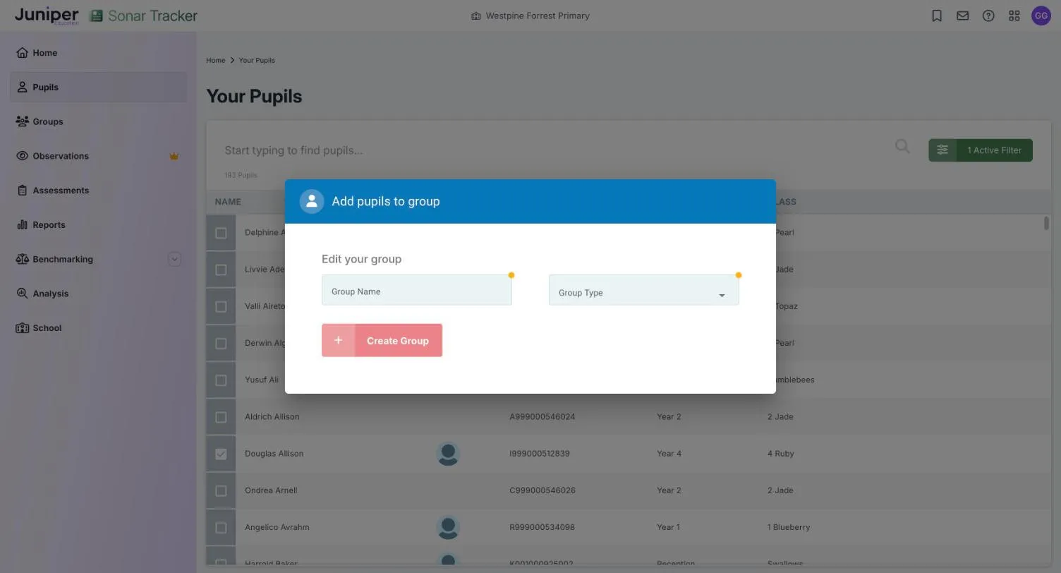 The Add pupils to group dialog over the pupil list. Under Edit your group are a Group Name field and a Group Type list, each marked with an orange dot, and a Create Group button.