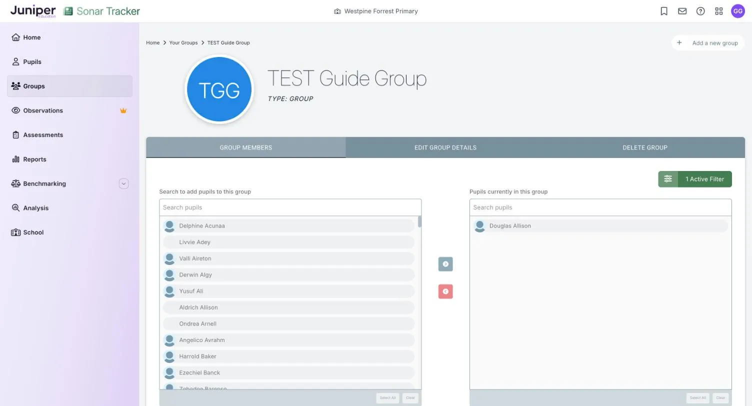 The GROUP MEMBERS tab of a custom group, with Douglas Allison in Pupils currently in this group. Other pupils are listed in Search to add pupils to this group, and green and red arrow buttons sit between the two lists.