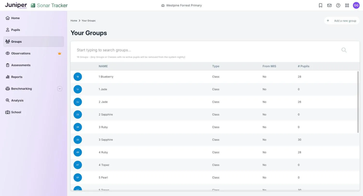 The Your Groups list, with a search box and an Add a new group link. Rows show classes of type Class, such as 1 Blueberry with 28 pupils and 1 Jade with 0 pupils.