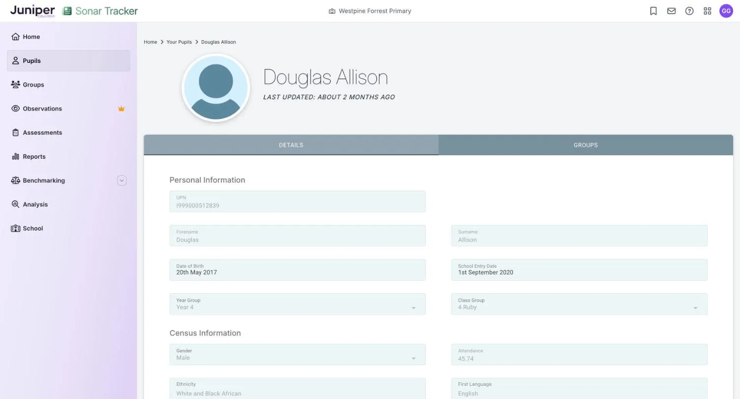 The DETAILS tab of Douglas Allison's record, with his personal information, including Year 4 and class 4 Ruby, in greyed-out fields.