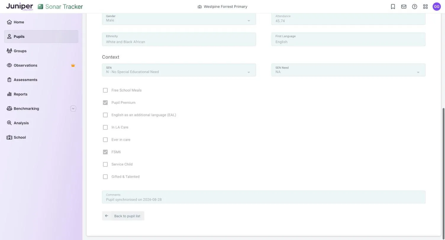 The Context section of a pupil record, with SEN set to N - No Special Educational Need. Of the tick boxes for each characteristic, Pupil Premium and FSM6 are ticked.