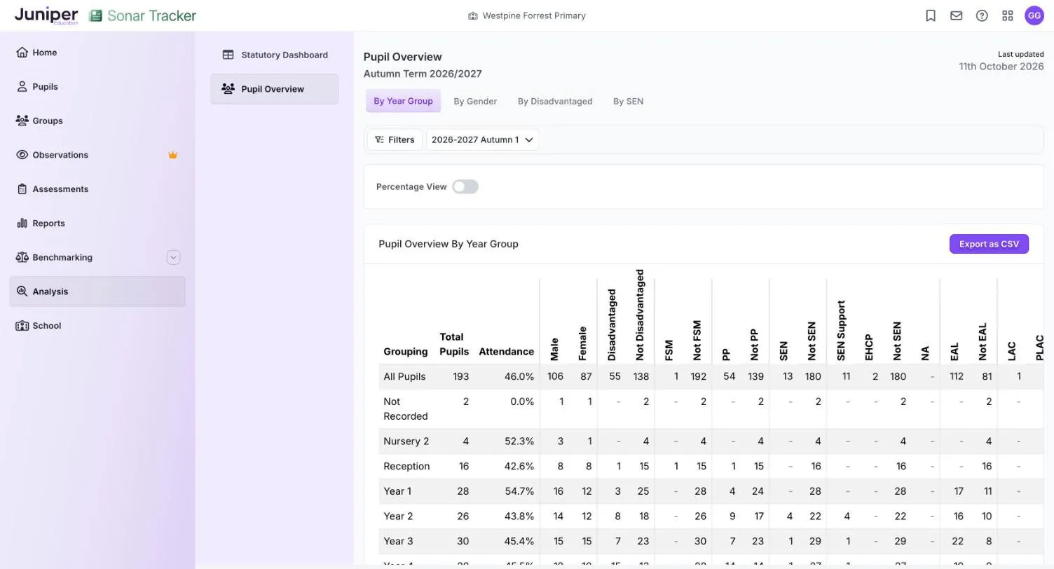 Pupil Overview By Year Group for 2026-2027 Autumn 1, with Percentage View off. Rows run from All Pupils, Not Recorded, Nursery 2 and Reception to Year 3, with counts for each characteristic and an Export as CSV button.