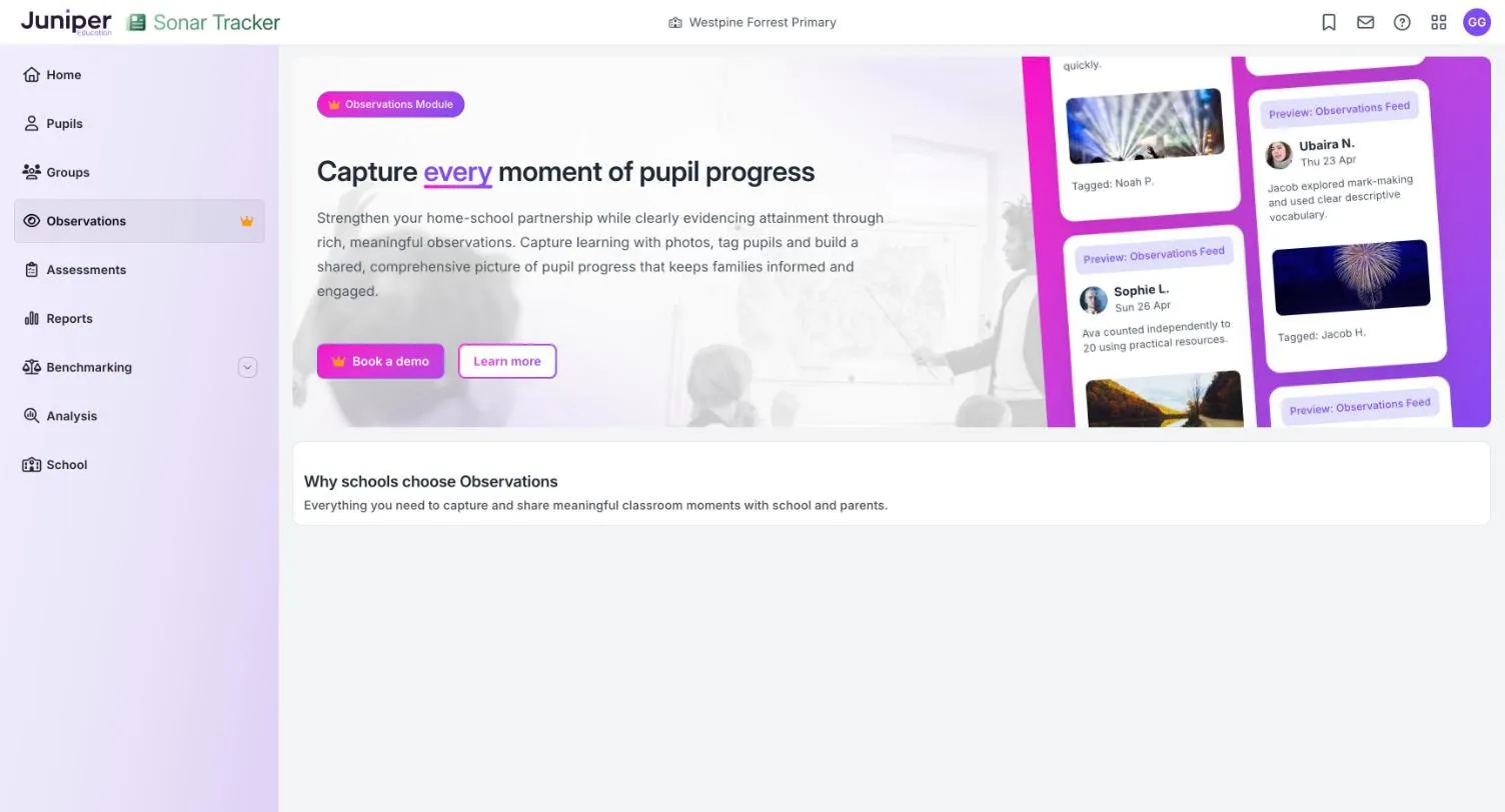 The Observations information page shown to schools without the module. It has an Observations Module badge, the heading Capture every moment of pupil progress, and Book a demo and Learn more buttons. A crown icon shows next to Observations in the left menu.