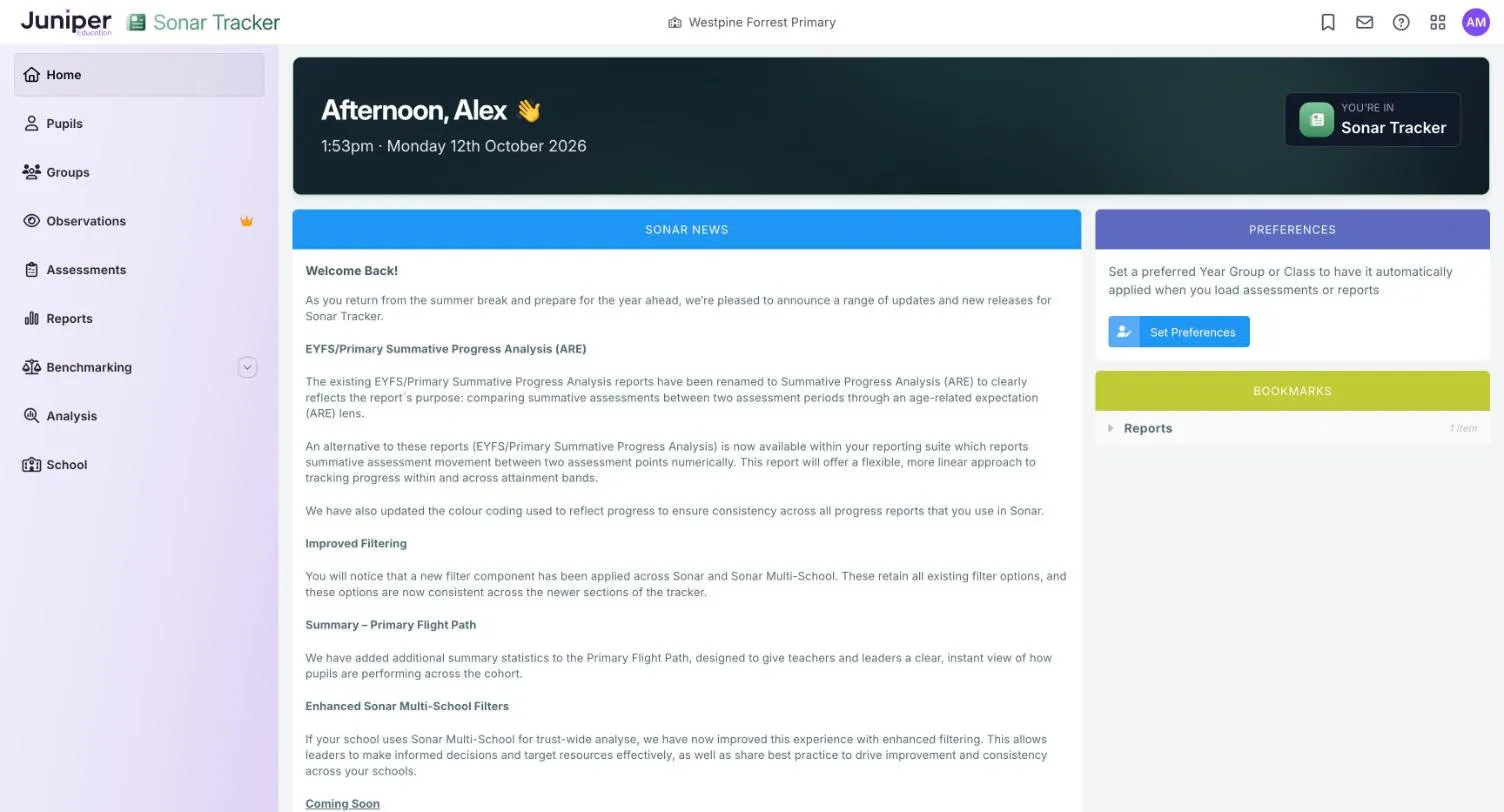 The Sonar Tracker Home page for Westpine Forrest Primary. Below a greeting banner, the Sonar News panel takes up most of the page, with the Preferences and Bookmarks panels beside it.