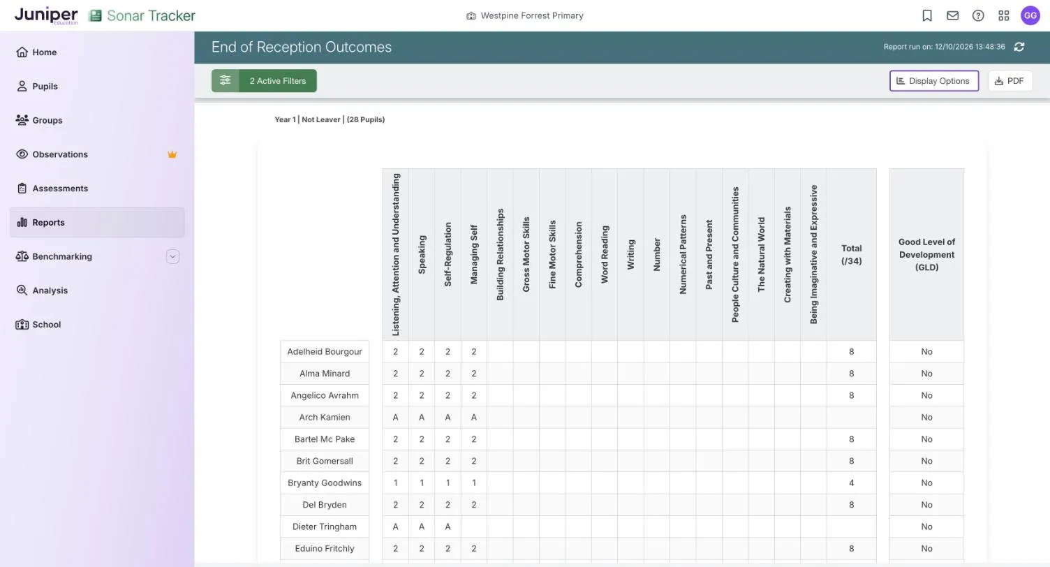 End of Reception Outcomes with Summary View unticked. Each row is a child, with 2, 1 or A in each goal, a Total out of 34 and No for good level of development.