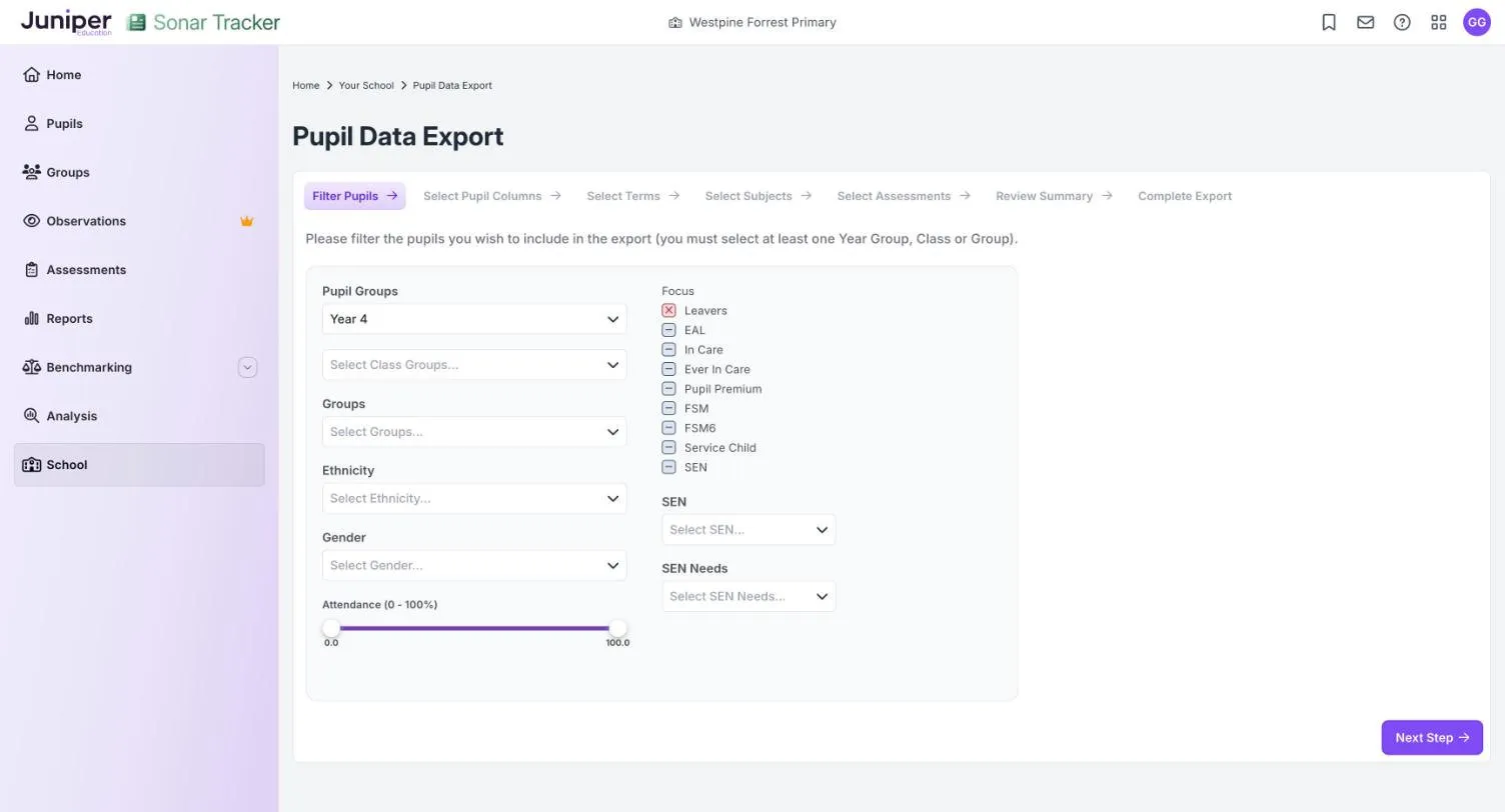 The Filter Pupils step of the Pupil Data Export wizard, with Year 4 chosen under Pupil Groups and Leavers excluded under Focus. The seven steps run across the top, from Filter Pupils to Complete Export.