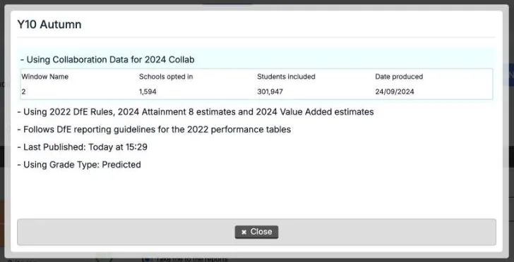 Dataset Info for Y10 Autumn. Using Collaboration Data for 2024 Collab, with Window Name 2, Schools opted in 1,594, Students included 301,947 and Date produced 24/09/2024. Using 2022 DfE Rules, 2024 Attainment 8 estimates and 2024 Value Added estimates. Follows DfE reporting guidelines for the 2022 performance tables. Last Published: Today at 15:29. Using Grade Type: Predicted.