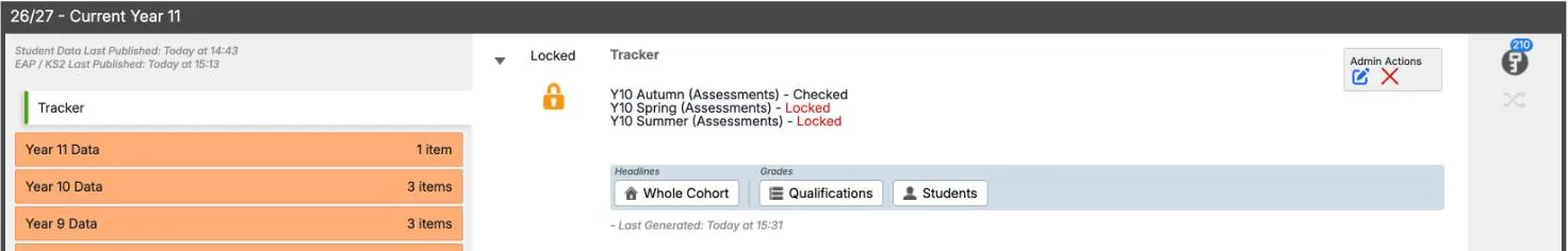 The Tracker folder for the 26/27 cohort. The tracker is Locked, with an orange padlock, and holds Y10 Autumn (Assessments) - Checked, Y10 Spring (Assessments) - Locked and Y10 Summer (Assessments) - Locked. It offers Whole Cohort under Headlines, and Qualifications and Students under Grades, and was last generated today at 15:31.
