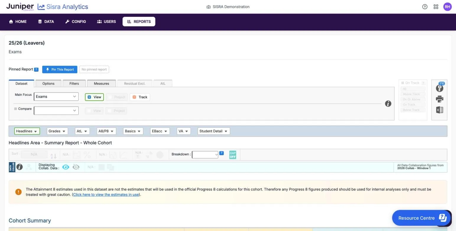 The report page for the 25/26 leavers' Exams data set, on the Headlines Summary at Whole Cohort level. From the top: Pinned Report with Pin This Report; the Dataset, Options, Filters, Measures, Residual Excl. and AtL tabs, with Main Focus set to Exams and View selected; a greyed On Track panel; a key icon showing 210, a printer and an Excel icon; the area bar from Headlines to Student Detail; the toolbar with Breakdown and GAP OFF; the DATA COLLAB bar naming 2026 Collab - Window 1; and an orange banner about the Attainment 8 estimates.