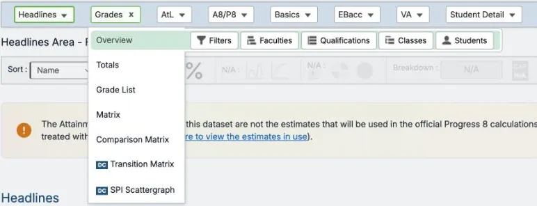 The Grades menu open on the area bar. It lists Overview, Totals, Grade List, Matrix, Comparison Matrix, and Transition Matrix and SPI Scattergraph, both tagged DC. Overview is highlighted, with its five levels: Filters, Faculties, Qualifications, Classes and Students.