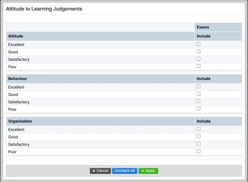 The Attitude to Learning Judgements dialog, headed Exams and Include. Attitude, Behaviour and Organisation each list Excellent, Good, Satisfactory and Poor with a tick box. Cancel, Uncheck All and Apply are at the foot.