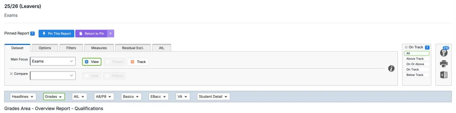 The top of a report after pinning: Pinned Report with Pin This Report, a purple Return to Pin button and a cross. Below, the Dataset tab shows Main Focus Exams with View selected, and the title reads Grades Area - Overview Report - Qualifications.