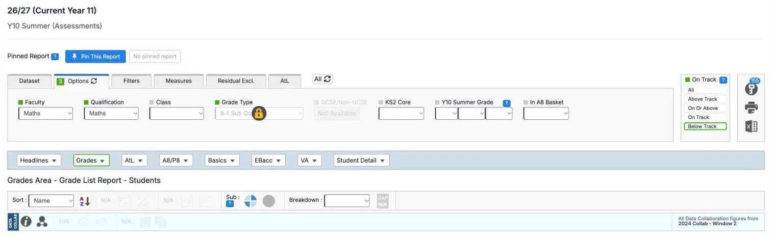 The Options tab for the 26/27 cohort's Y10 Summer collection, with Faculty and Qualification set to Maths and Grade Type locked with a padlock. Class, KS2 Core, Y10 Summer Grade and In A8 Basket are empty. In the On Track panel, Below Track is selected, and the key icon shows 155. Below is the Grade List Report for Students.