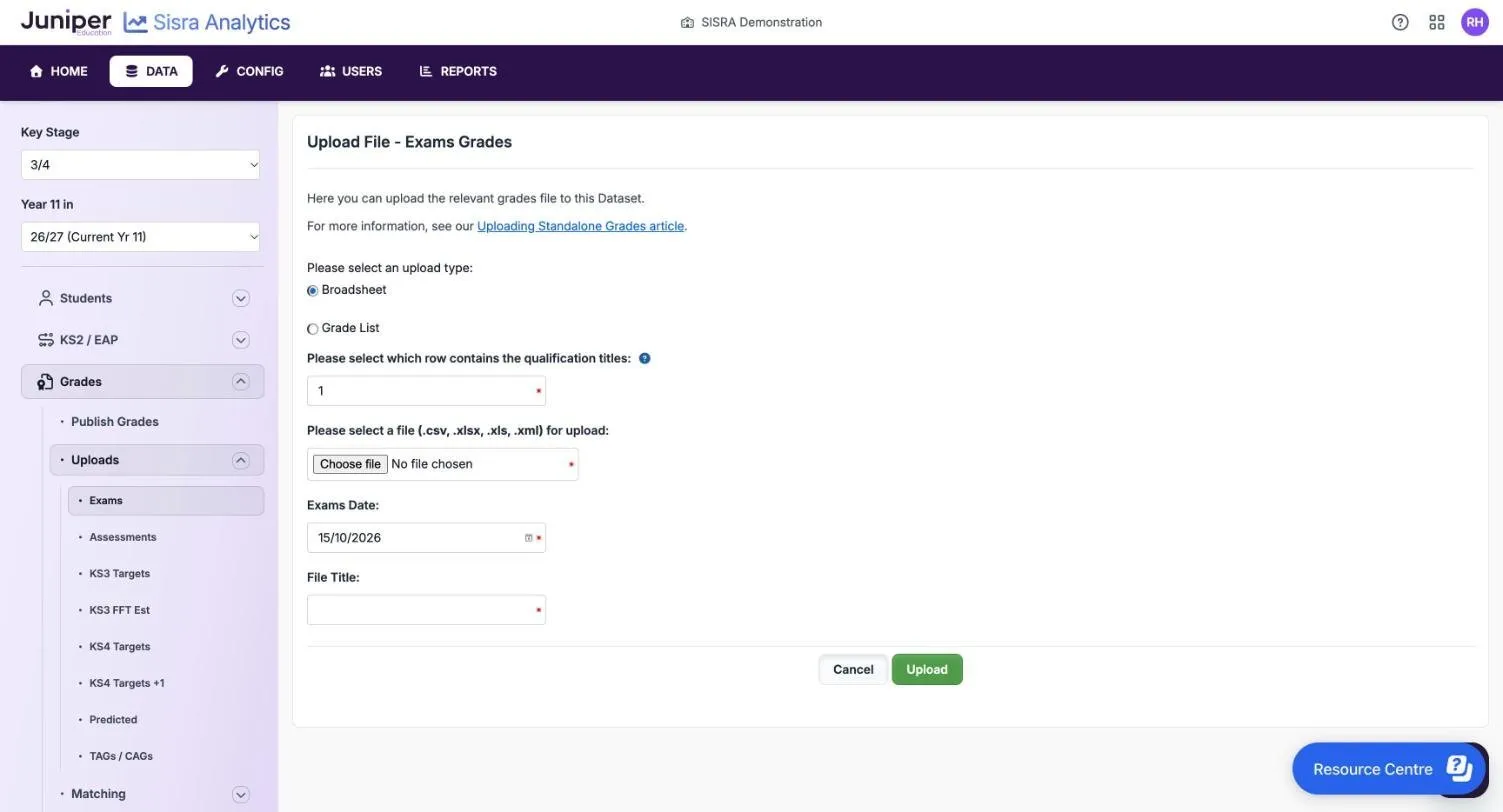 The Upload File - Exams Grades form for the 26/27 KS3/4 cohort. Please select an upload type offers Broadsheet, which is chosen, and Grade List. The qualification titles row is 1, no file is chosen, Exams Date reads 15/10/2026 and File Title is empty, above Cancel and Upload.