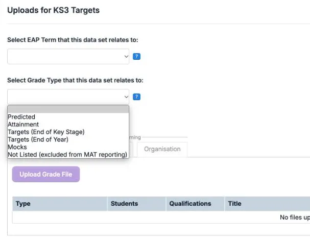 Uploads for KS3 Targets with the Select Grade Type that this data set relates to list open. It offers Predicted, Attainment, Targets (End of Key Stage), Targets (End of Year), Mocks and Not Listed (excluded from MAT reporting). No term is chosen yet, and Upload Grade File is greyed out.