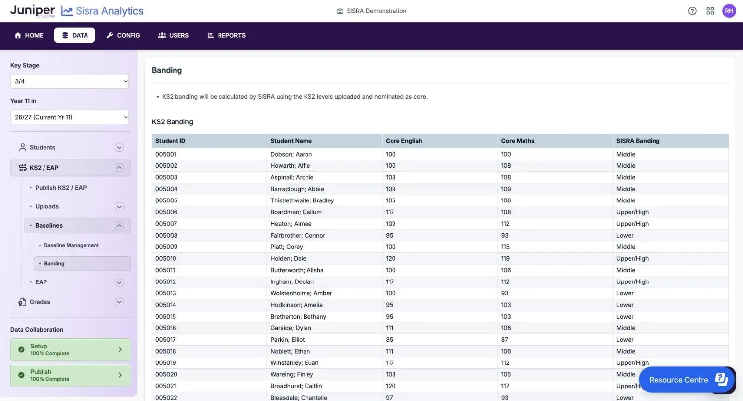The Banding page for the 26/27 cohort, with the note KS2 banding will be calculated by SISRA using the KS2 levels uploaded and nominated as core. The KS2 Banding table gives each pupil's Student ID, Student Name, Core English, Core Maths and SISRA Banding, such as 100 and 108 Middle, 117 and 108 Upper/High, 95 and 93 Lower, and 111 and 108 Middle.