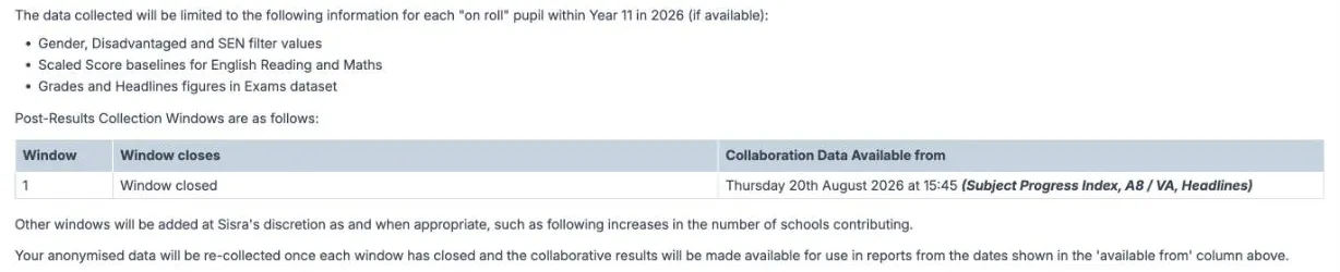 The Post-Results Collection Windows table on the 2026 opt-in page. Window 1 reads Window closed under Window closes, and its Collaboration Data Available from column reads Thursday 20th August 2026 at 15:45 for the Subject Progress Index, A8 / VA and Headlines. A note says other windows will be added at Sisra's discretion.