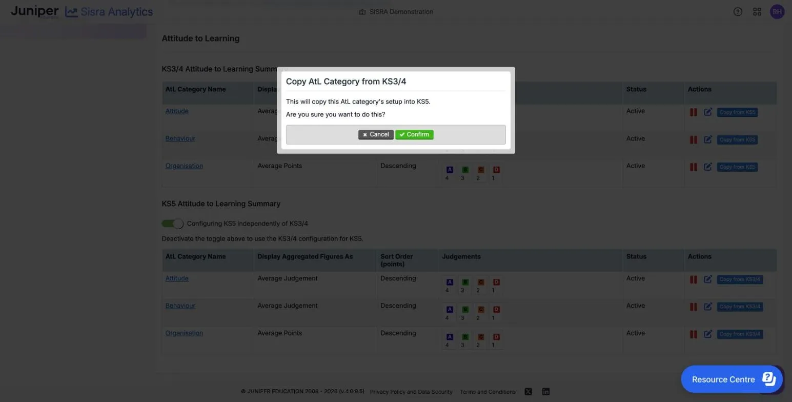 The Copy AtL Category from KS3/4 dialog over the Attitude to Learning page. It says This will copy this AtL category's setup into KS5, asks Are you sure you want to do this?, and offers Cancel and Confirm. Behind it, the KS3/4 categories have Copy from KS5 buttons, the KS5 categories have Copy from KS3/4 buttons, and the toggle reads Configuring KS5 independently of KS3/4.