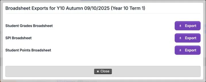 The Broadsheet Exports dialog for Y10 Autumn 09/10/2025 (Year 10 Term 1). Student Grades Broadsheet, SPI Broadsheet and Student Points Broadsheet each have an Export button, above a Close button.